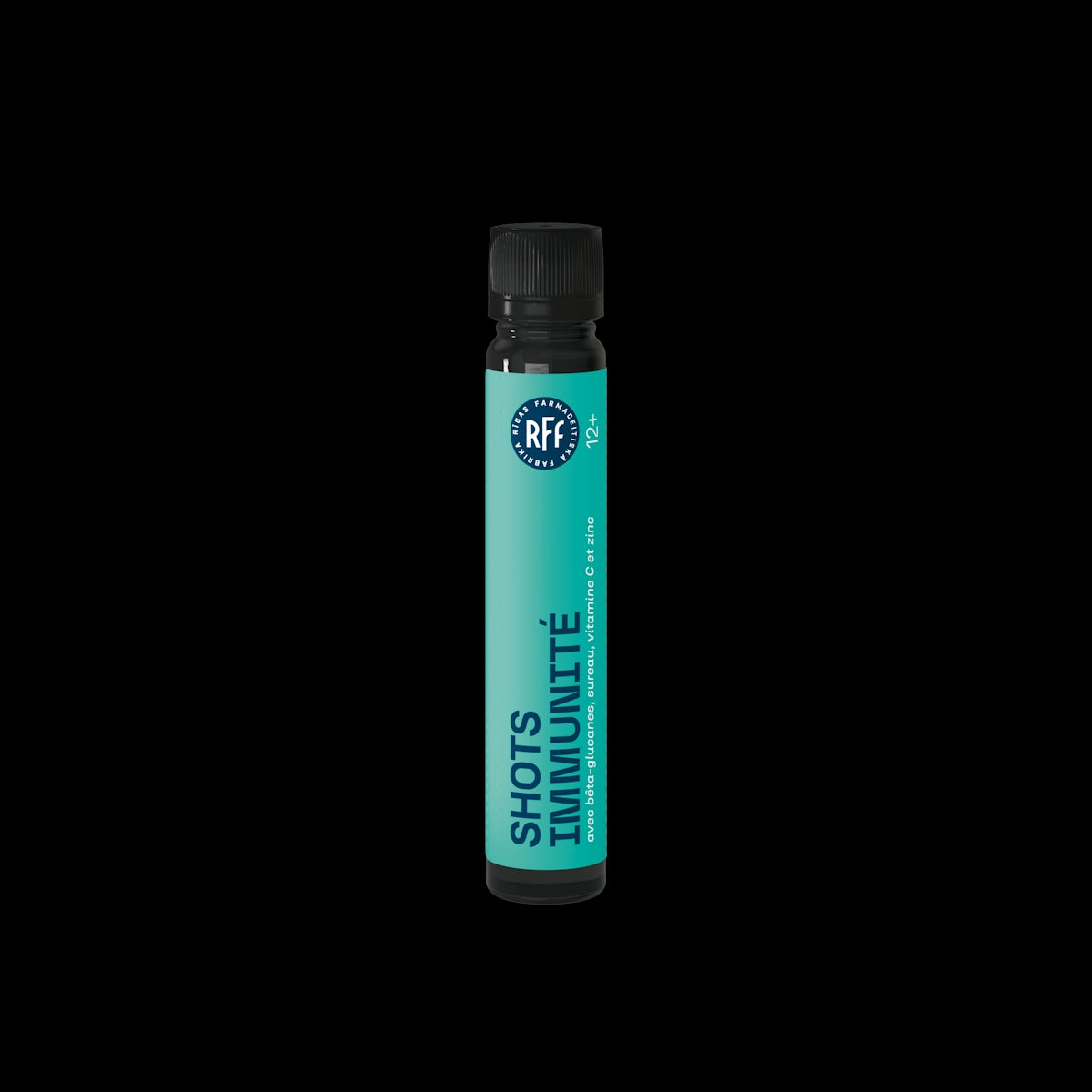 Teal bottle with shots immunité label and black cap.