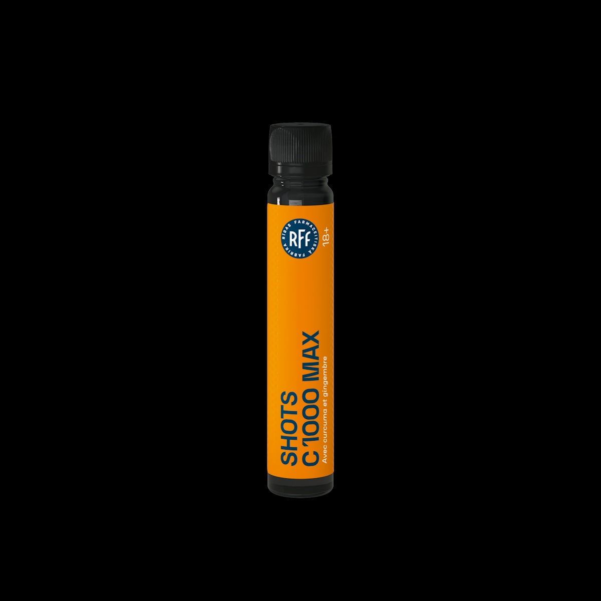 Single orange and black supplement shot bottle.